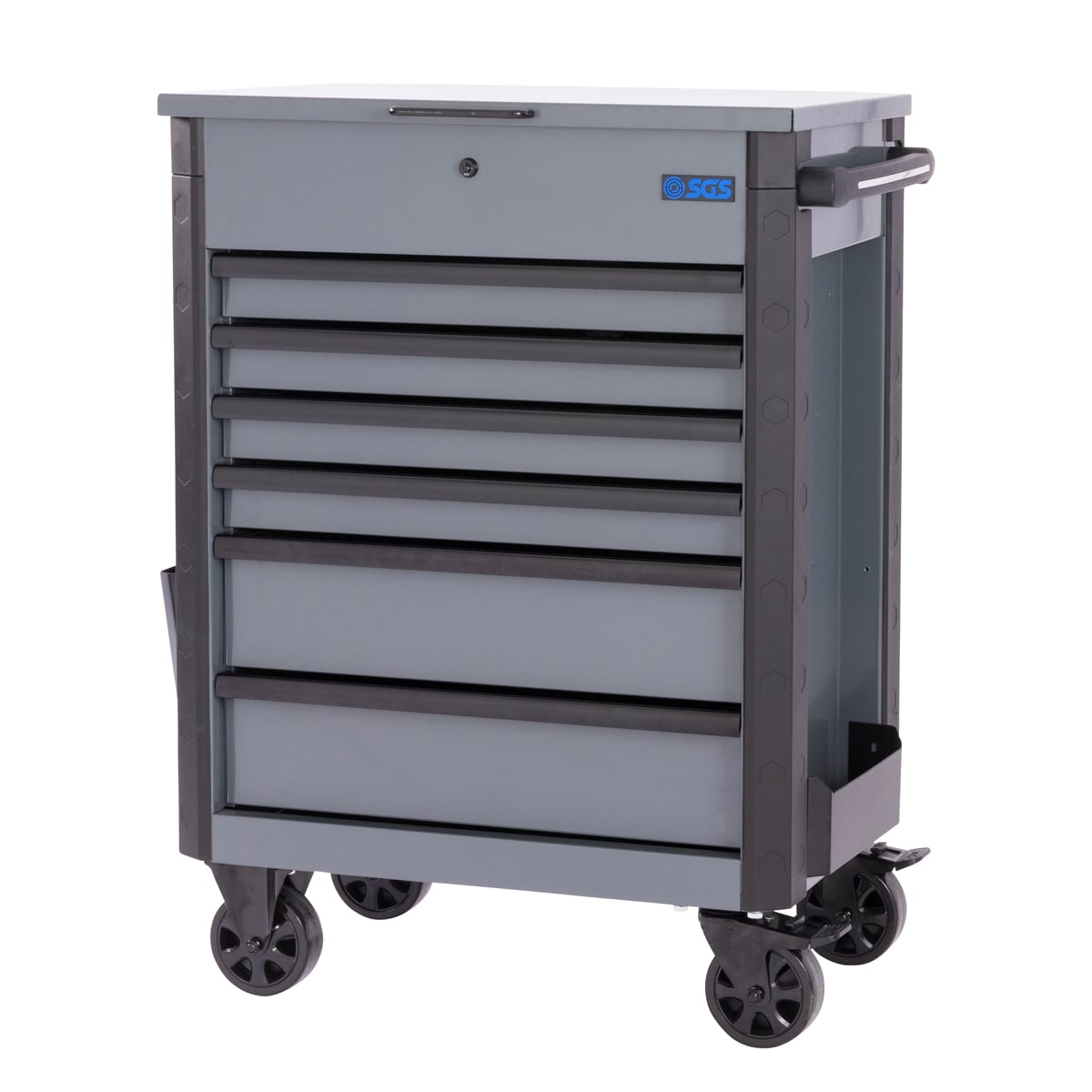SGS 28in Tool Trolley Cart with Lid | 6 Drawers | Side Trays | Grey
